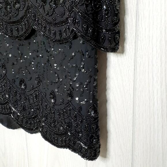JKara Vintage Black 100% Silk Tiered Highly Embellished Lined Size Large - Picture 2 of 6